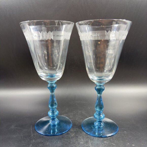 Antique Tiffin Franciscan Tall Blue Stem 2 Glasses Etched Manganese 365nm UV - Picture 15 of 15